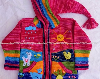 Children hoodie peruvian sweater, Unique Peru Hood Kids Wool Cardigan, Peru hood toddler wool jacket