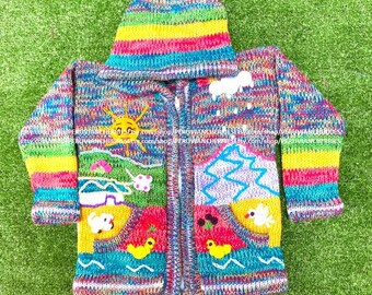 Rainbow Children peruvian sweater, Unique Peru Kids Wool Cardigan, Peru toddler wool jacket