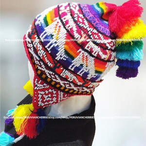 Peruvian Chullo with beads Pom Pom Colorful unisex wool earflaps Q'ero Chullo Hat earflaps hand knitted with Llamas Peru EarFlaps Ethnic hat image 3