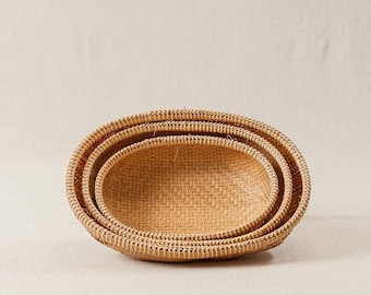 Set of 3 Knitted Bottom Oval Bamboo Basket| Vietnamese Handmade Bamboo Basket | Traditional Basket | Viet Basket | Kitchen Storage