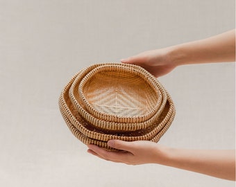 Set of 3 Hexagonal Baskets With Legs - Small Bottom Knitting | Vietnamese Handmade Bamboo Basket | Traditional Basket | Kitchen Storage