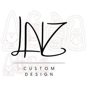 May include: Five black and white line drawings of gnomes with different hats and accessories. The gnomes are arranged in a circle around the words "CUSTOM DESIGN".