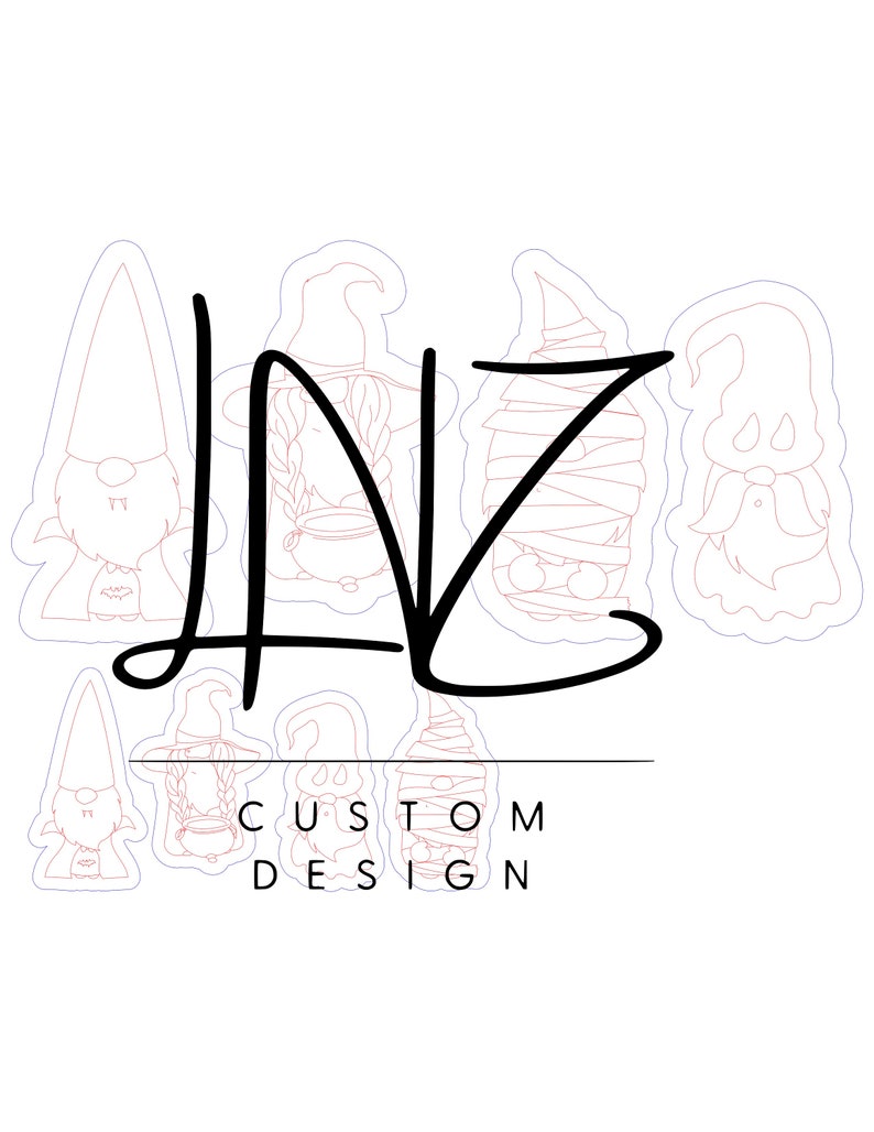 May include: Five black and white line drawings of gnomes with different hats and accessories. The gnomes are arranged in a circle around the words "CUSTOM DESIGN".
