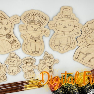 DIGITAL Fall Cats DIY Paint Kit Set | cute thanksgiving Pilgrim and Indians  | Laser Ready Digital Score & Cut File svg ai