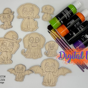 DIGITAL Halloween Welpen DIY Malset Set | süße Halloween Hunde Hexenhut Fledermaus Geist Dracula | Laser Ready Digital Score & Cut File svg ai