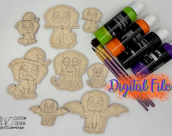 Set di kit di vernice fai-da-te per cuccioli di halloween DIGITAL / simpatico cane di halloween cappello da strega pipistrello fantasma Dracula / Laser Ready Digital Score & Cut File svg ai