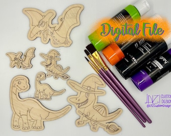 Set di pittura fai-da-te del dinosauro di Halloween DIGITALE / simpatico cappello da strega di halloween Dino Frankenstein / Laser Ready Digital Score & Cut File svg ai