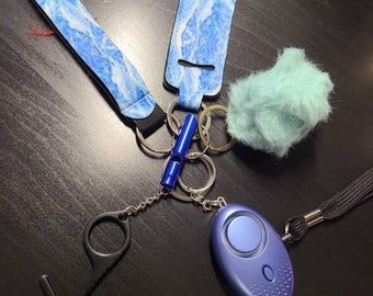 Blue marble safety key chain light blue fluff