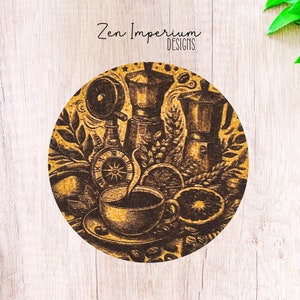 May include: A round cork coaster with a vintage illustration of coffee brewing equipment, lemons, and a cup of coffee. The coaster features the text "Zen Imperium Designs".