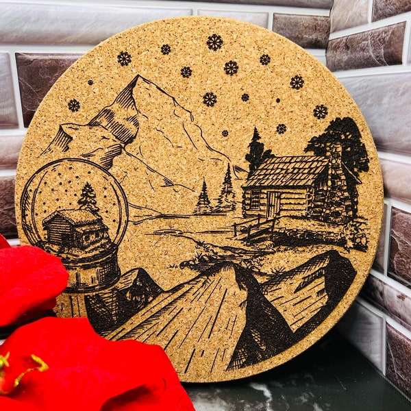 7 Inch Round Cabin Snow Globe Cork Table Trivet - Cabin Trivet, Log Cabin Decor, Log Cabin House Art, Log Cabin Kitchen Art