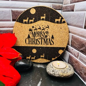 7 Inch Round Christmas Cork Table Trivet - Merry Christmas Reindeer Trivet, Christmas Hot Pad, Table Decoration, Christmas Table Bling