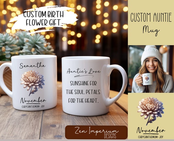 Custom Auntie Birth Flower 11 oz Mug Gift For Her Birthday Personalization  Best Friend Aunt Coffee Drinkware for Office Proud Auntie Present