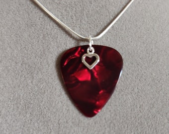 Sterling Silver Heart & Red Metallic Charmed Guitar Pick Necklace
