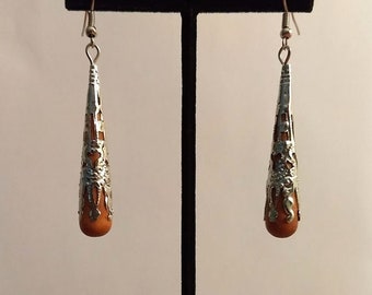 Silver Tone Filigree over Maple Wood Teardrop Earrings