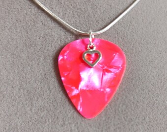 Sterling Silver Heart & Pink Metallic Charmed Guitar Pick Necklace