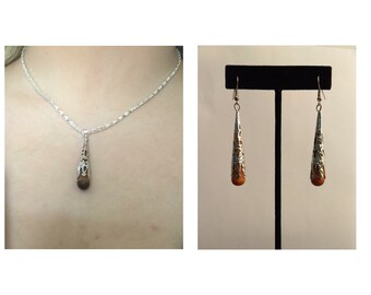 Silver Tone Filigree Cone over Maple Wood Teardrop Earring & Necklace Set