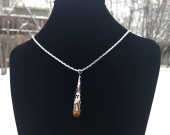 Silver Tone Filigree Cone over a Maple Wood Teardrop Necklace