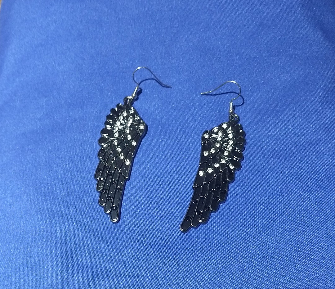 Dark Gray/black Angel Wing Earrings Etsy