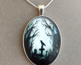 Gothic Black Raven Pendant Necklace on a Sterling Silver Snake Chain