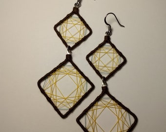 Yellow & Green Threaded Diamond Shaped Earrings Wrapped in Brown