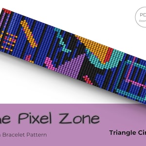 Puede incluir: Un patrón de brazalete de telar geométrico colorido, con un esquema de colores azul, negro, naranja, rosa y turquesa. El patrón se llama "Triangle Circuit" y está disponible para descargar en PDF. El texto "The Pixel Zone" también es visible en la imagen.