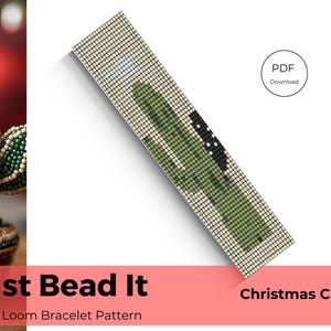 May include: A PDF download pattern for a Christmas cactus loom bracelet. The pattern features a green cactus with a red star on top and black beads for detail. The text "Just Bead It" and "Loom Bracelet Pattern" are at the bottom of the image. The text "Christmas Cactus" is at the bottom right of the image.