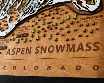 Mapa de esquí de Aspen Snowmass / Mapa de pistas de esquí de madera en capas / Arte de montaña de Colorado / Decoración de la estación de esquí de Snowmass / Arte mural para casas de esquí