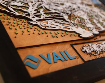 Mapa de esquí de Vail / Mapa de pistas de esquí de madera en capas / Arte de montaña de Colorado / Decoración de Vail Resort / Arte mural para casas de esquí