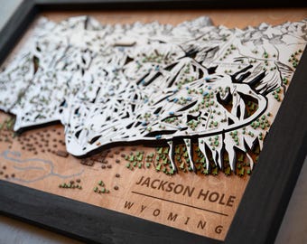 Mapa de esquí de Jackson Hole / Mapa de pistas de esquí de madera en capas / Arte de montaña de Wyoming / Decoración del complejo turístico de Jackson Hole / Arte mural para casas de esquí