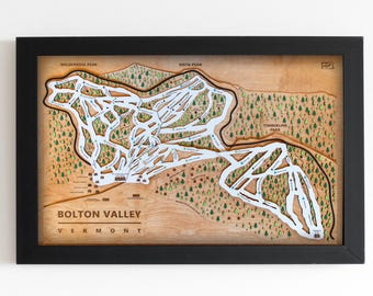 Mapa de esquí del valle de Bolton / Mapa de pistas de esquí de madera en capas / Arte de montaña de Vermont / Decoración del complejo turístico del valle de Bolton / Arte mural para casas de esquí