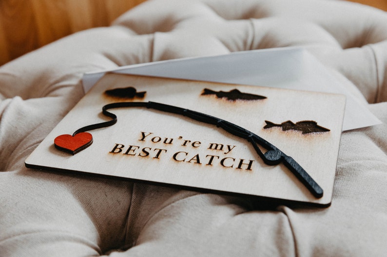 Fishing gift wooden card for valentine's day or anniversary