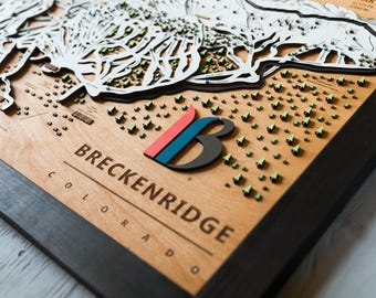 Mapa de esquí de Breckenridge / Mapa de pistas de esquí de madera en capas / Arte de montaña de Colorado / Decoración de la estación de esquí de Breckenridge / Arte mural para casas de esquí