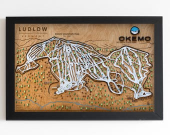 Mapa de esquí de Okemo / Mapa de pistas de esquí de madera en capas / Arte de montaña de Vermont / Decoración del complejo turístico de Okemo / Arte mural para casas de esquí