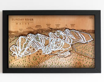 Mapa de esquí de Sunday River / Mapa de pistas de esquí de madera en capas / Arte de montaña de Maine / Decoración del complejo turístico Sunday River / Arte mural para casas de esquí