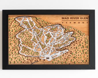 Mapa de esquí de Mad River Glen / Mapa de pistas de esquí de madera en capas / Arte de montaña de Vermont / Decoración de MRG Resort / Arte mural para casas de esquí