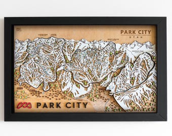 Mapa de esquí de Park City / Mapa de pistas de esquí de madera en capas / Arte de montaña de Utah / Decoración del complejo turístico de Park City / Arte mural para casas de esquí