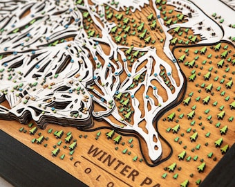 Mapa de esquí de Winter Park / Mapa de pistas de esquí de madera en capas / Arte de montaña de Colorado / Decoración de la estación de esquí de Winter Park / Arte mural para casas de esquí