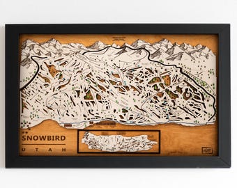Mapa de esquí de Snowbird / Mapa de pistas de esquí de madera en capas / Arte de montaña de Utah / Decoración del complejo Snowbird / Arte mural para casas de esquí