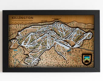 Mapa de esquí de Killington / Mapa de pistas de esquí de madera en capas / Arte de montaña de Vermont / Decoración de la estación de esquí de Killington / Arte mural para casas de esquí