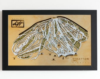 Mapa de esquí de Stratton / Mapa de pistas de esquí de madera en capas / Arte de montaña de Vermont / Decoración del complejo turístico de Stratton / Arte mural para casas de esquí