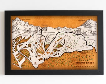 Mapa de esquí del Monte Baker / Mapa de pistas de esquí de madera en capas / Arte de montaña de Washington / Decoración del complejo turístico del Monte Baker / Arte mural para casas de esquí