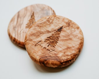 Custom Olivewood Coaster | Engraved Coaster | Pine tree