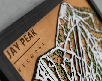 Mapa de esquí de Jay Peak / Mapa de pistas de esquí de madera en capas / Arte de montaña de Vermont / Decoración del complejo Jay Peak / Arte mural para casas de esquí