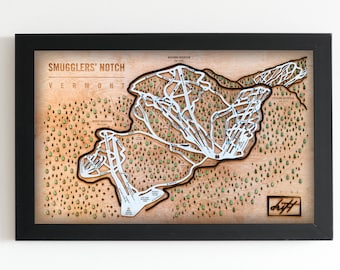 Mapa de esquí de Smugglers’ Notch / Mapa de pistas de esquí de madera en capas / Arte de montaña de Vermont / Decoración de Smuggs Resort / Arte mural para casas de esquí