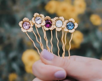 Flower Hair Pin, Flower Hair Clip, Crystal Hair Pin, Birthstone Birthday Gift, Birthstone Accessory Gift, Unique Birthday Gifts For Her