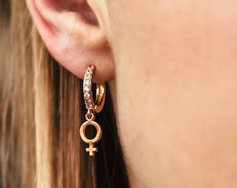 CZ Diamond Huggie Earrings with Venus Charm Dangle, Gold or Silver Leverback Hoops, Dainty Feminist Jewelry, Female Symbol Earrings Gift
