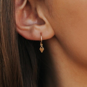 Gold dangle earrings, Huggie earrings with charm, Dangle earrings, Dangle hoop earrings, Small dangle earrings, 14k Gold Filled Hoops