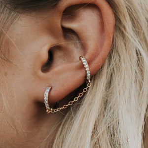 Double Piercing Earring, Double Hoop Earrings, Sterling Silver Chain Earrings, Sparkly CZ Double Hoops, Double Chain Huggie, Diamond Hoops image 6