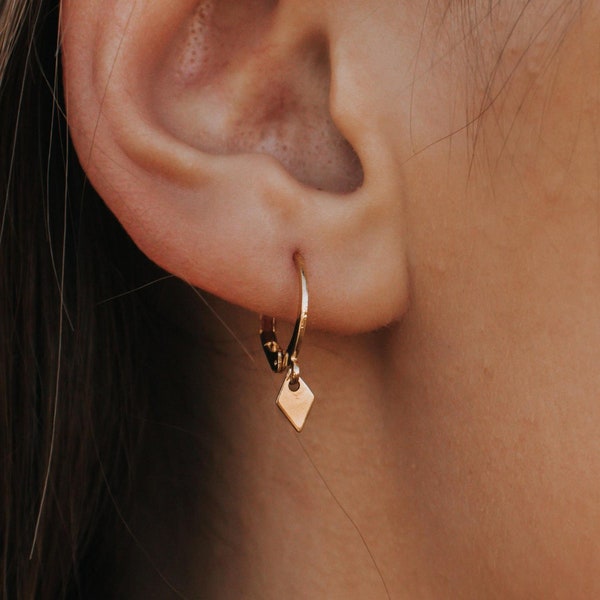 Huggie Hoop Earrings with Charm, 14k Gold Filled Mini Hoop Earrings, Dainty Gold Hoops, Everyday Dangle Hoops, Gold Hoop Diamond Shape Charm