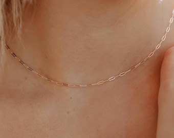 14k Gold Filled Paperclip Chain Necklace, Dainty Gold Choker, Plain Small Paperclip Chain Necklace, Rectangle Chain Tiny Layering Necklace